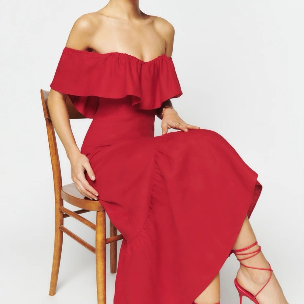 Reformation Strapless Off-Shoulder Ruffle Midi Dress in Red